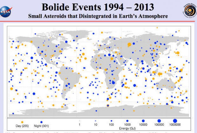 NASA опубликовала карту падающих на Землю астероидов