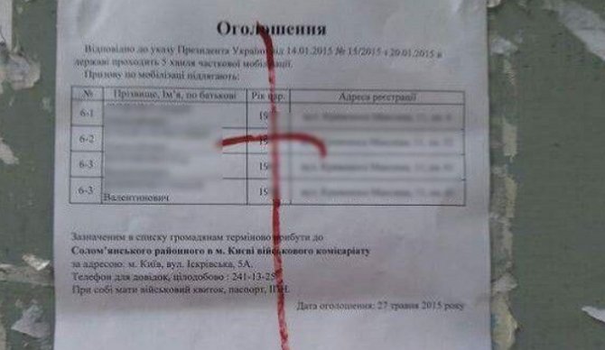 В Киеве военкоматы вывешивают полные данные призывников на дверях подъездов