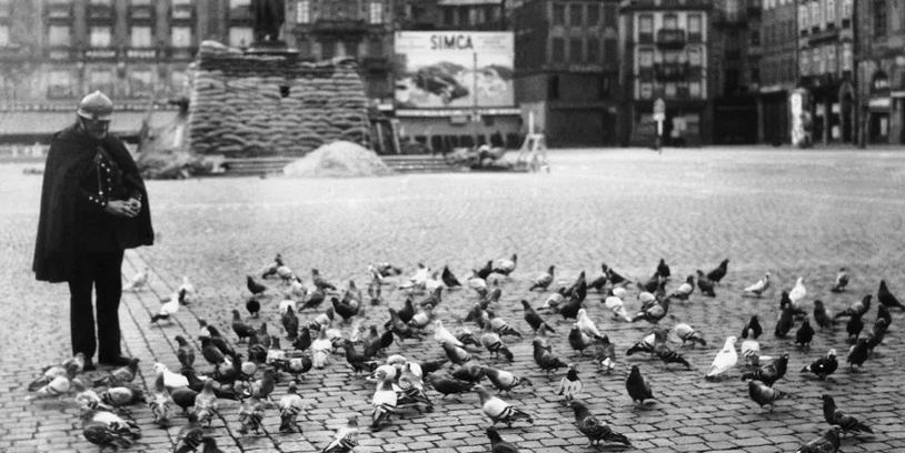 Полицейский кормит голубей в опустевшем Страсбурге: исторические кадры