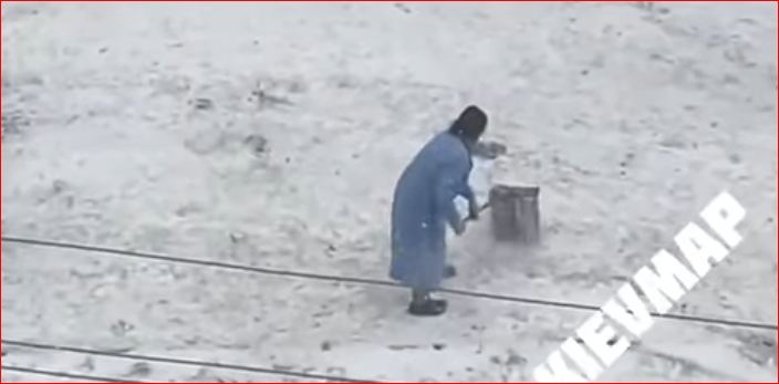 Новый вид борьбы со снегом: в Киеве уборщица шваброй расчищала асфальт