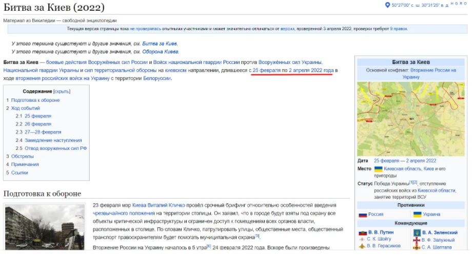 Российская версия "Википедии" "признала" победу Украины в битве за Киев