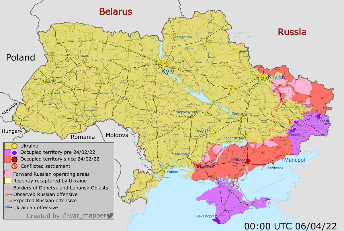 Опубликована карта боевых действий в Украине на утро 6 апреля