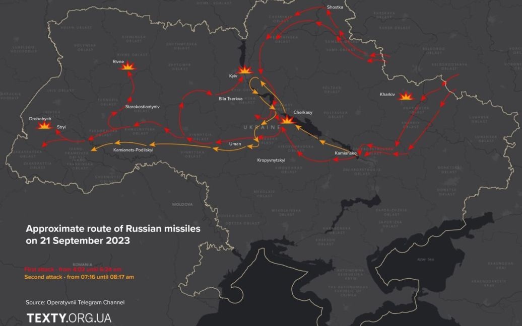 Постоянно меняли маршрут: опубликована карта полета вражеских ракет над Украиной 21 сентября