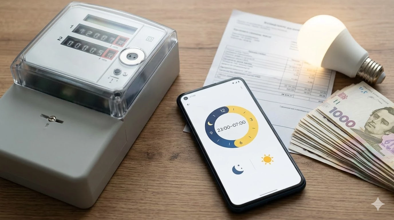 Двозонний лічильник електроенергії, смартфон з нічним тарифом (23:00&ndash;07:00), гривні та квитанція. vesti-ua.net: Економія на світлі.