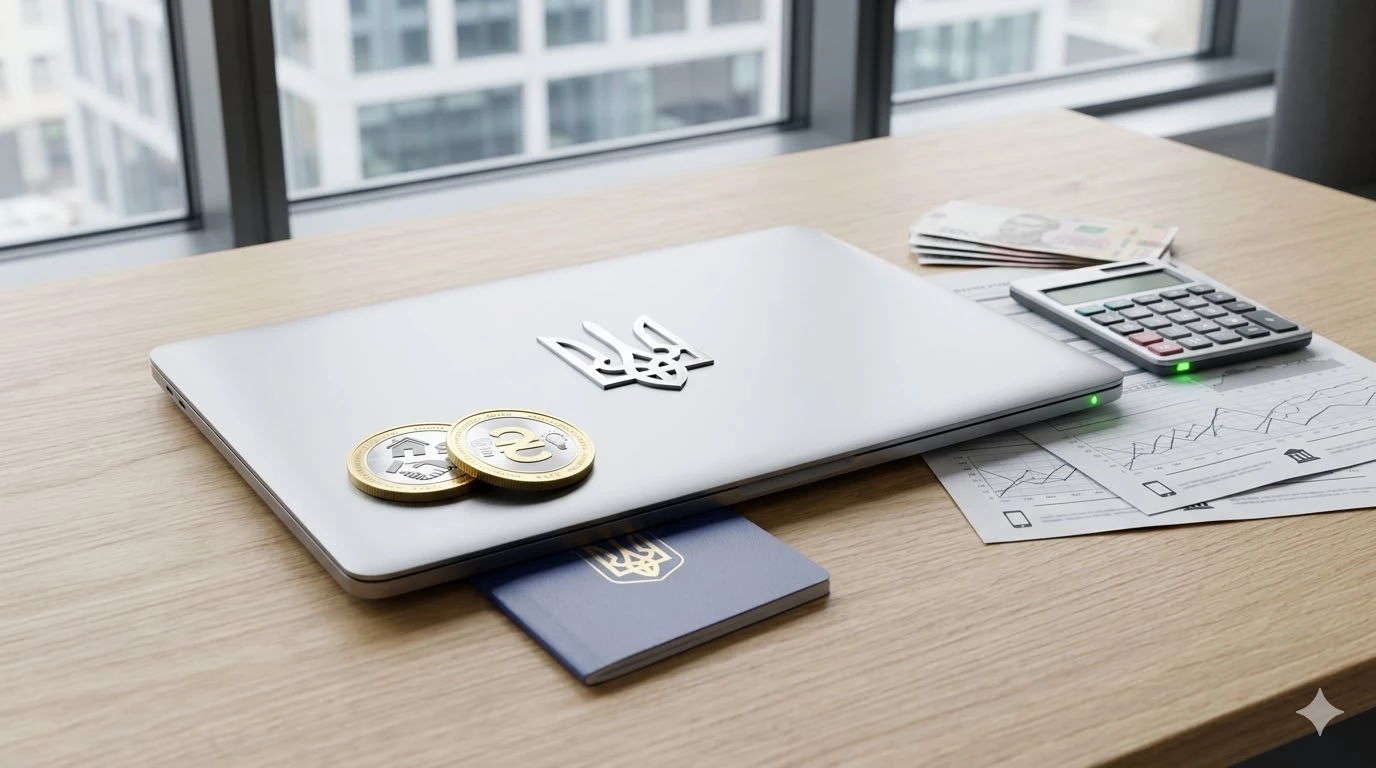 Робоче місце підприємця ФОП в Україні: ноутбук, калькулятор та електронний ключ. Податки та ЄСВ на vesti-ua.net.