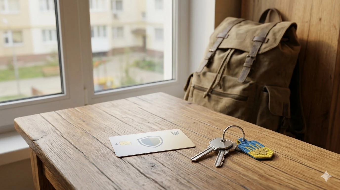 Банківська карта, ключі від квартири та речі переселенця на фоні світлого вікна. Соціальна підтримка та виплати ВПО на vesti-ua.net.