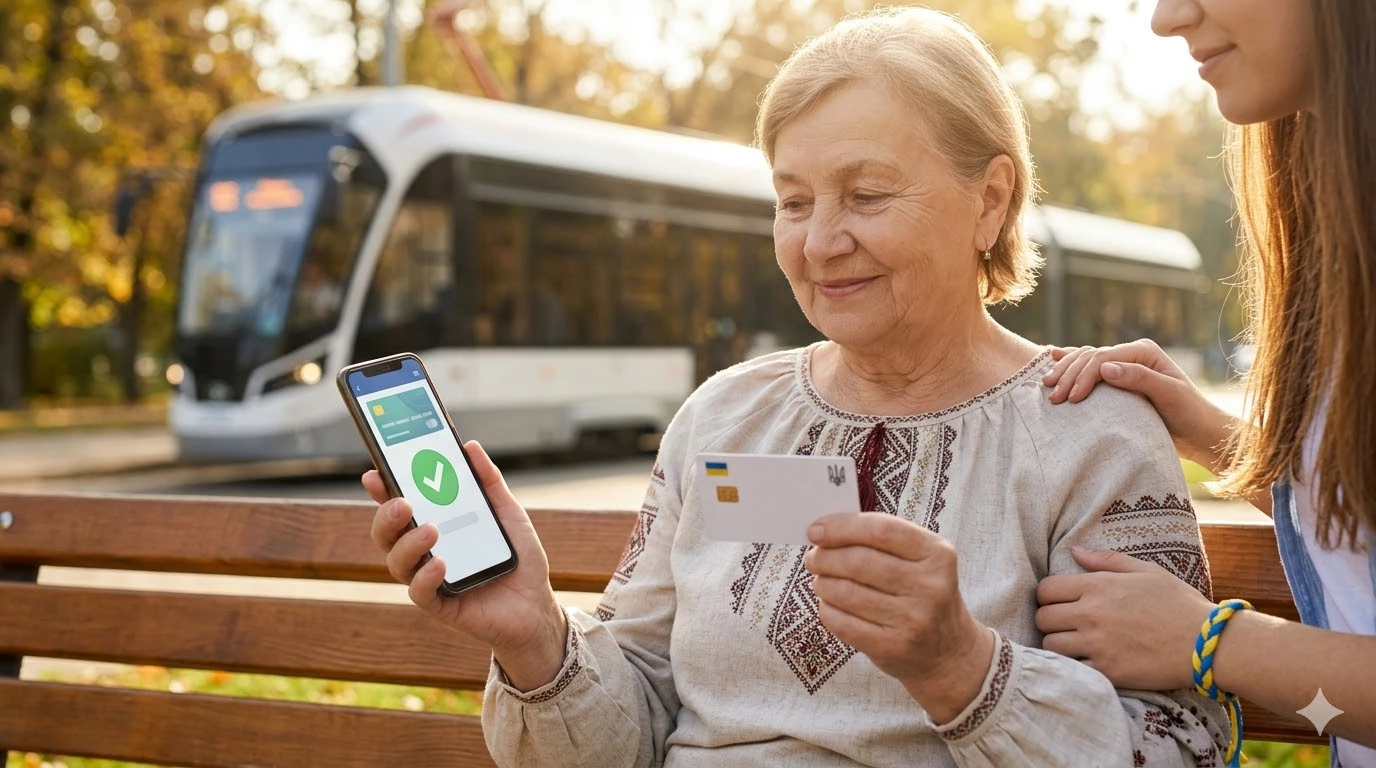 Літня жінка у вишиванці з банківською картою та смартфоном у затишному парку. Державна підтримка та пенсії в Україні vesti-ua.net.